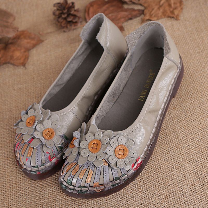 Dames Retro Bloemen Decor Handgemaakte Stiksels Non Slp Soft Sole Loafers