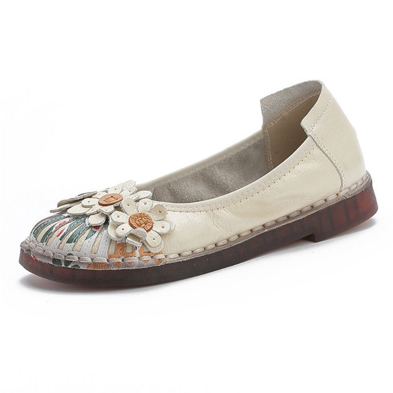 Dames Retro Bloemen Decor Handgemaakte Stiksels Non Slp Soft Sole Loafers