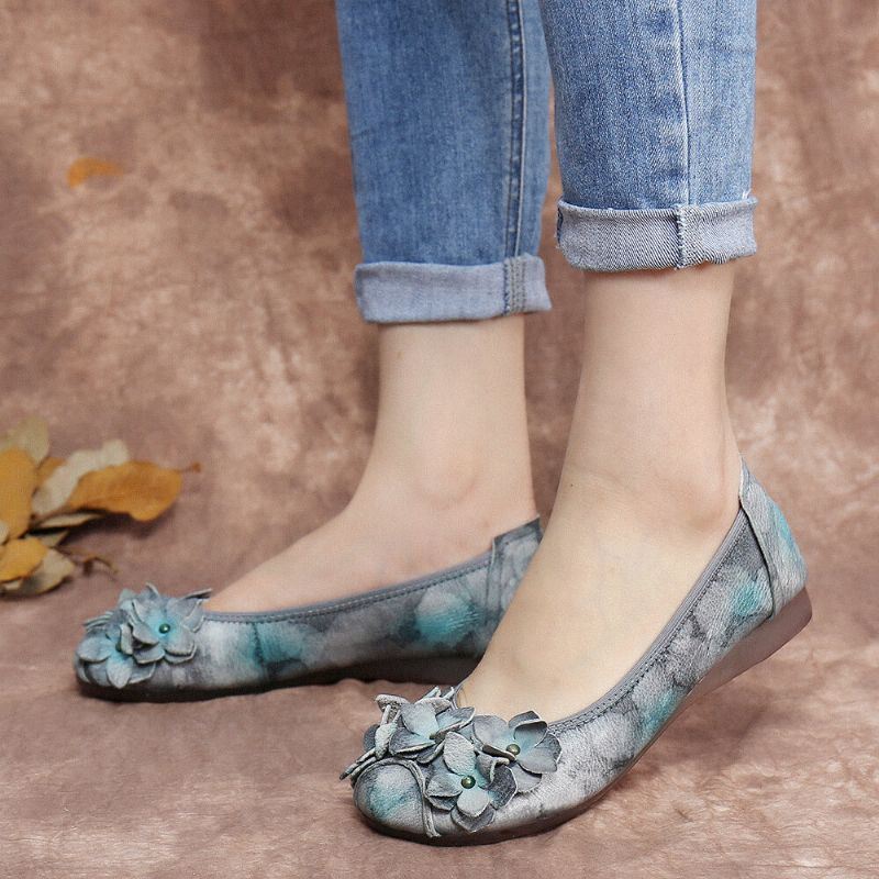 Dames Retro Bloemen Decor Tie-dyed Soft Sole Comfy Slip On Soft Flat Shoes