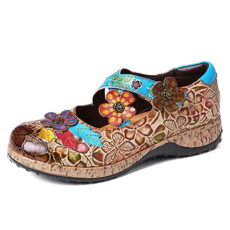 Dames Retro Bloemen Echt Leer Splicing Cross Band Bloemen Haak Lus Platte Schoenen