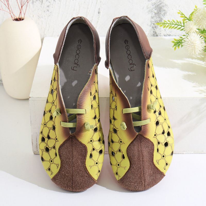 Dames Retro Colorblock Splicing Lederen Bloemen Hollow Elastische Band Slip-on Platte Schoenen