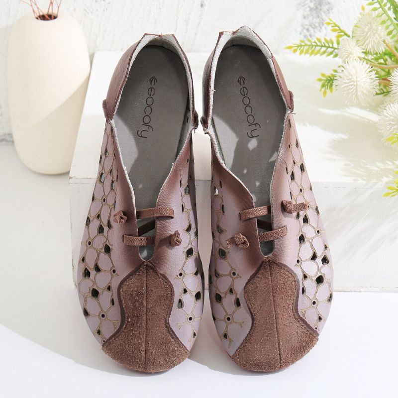 Dames Retro Colorblock Splicing Lederen Bloemen Hollow Elastische Band Slip-on Platte Schoenen