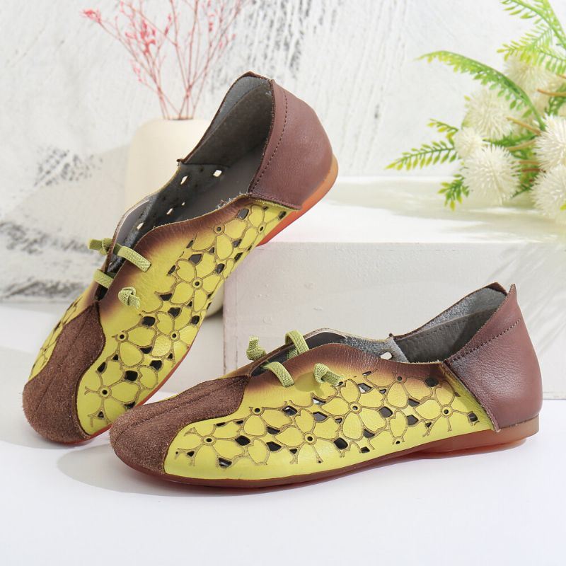 Dames Retro Colorblock Splicing Lederen Bloemen Hollow Elastische Band Slip-on Platte Schoenen