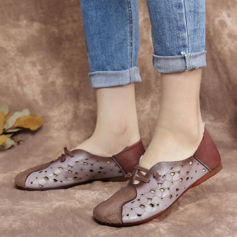 Dames Retro Colorblock Splicing Lederen Bloemen Hollow Elastische Band Slip-on Platte Schoenen