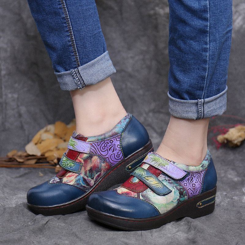 Dames Retro Gekleurde Bloemen Reliëf Comfortabele Echt Lederen Platte Schoenen