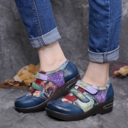 Dames Retro Gekleurde Bloemen Reliëf Comfortabele Echt Lederen Platte Schoenen