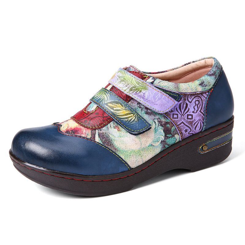 Dames Retro Gekleurde Bloemen Reliëf Comfortabele Echt Lederen Platte Schoenen