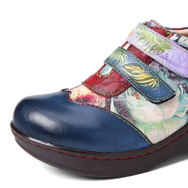 Dames Retro Gekleurde Bloemen Reliëf Comfortabele Echt Lederen Platte Schoenen