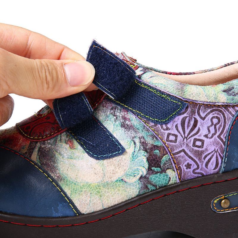 Dames Retro Gekleurde Bloemen Reliëf Comfortabele Echt Lederen Platte Schoenen