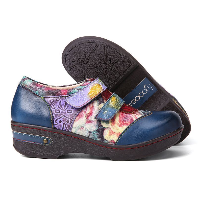 Dames Retro Gekleurde Bloemen Reliëf Comfortabele Echt Lederen Platte Schoenen