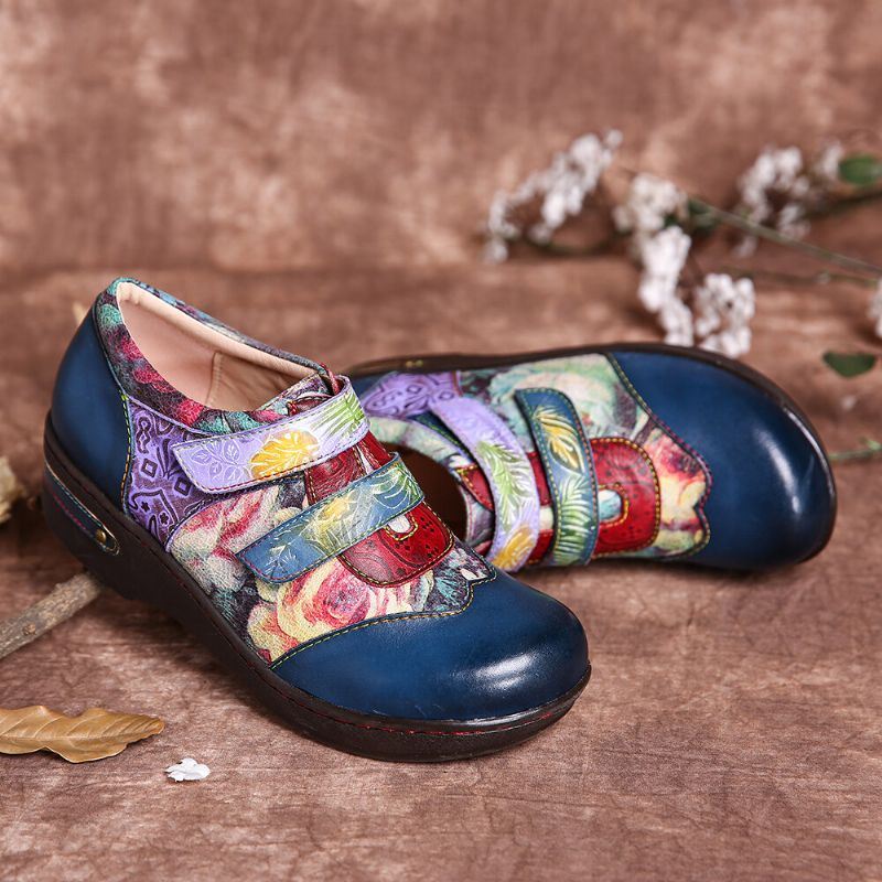 Dames Retro Gekleurde Bloemen Reliëf Comfortabele Echt Lederen Platte Schoenen