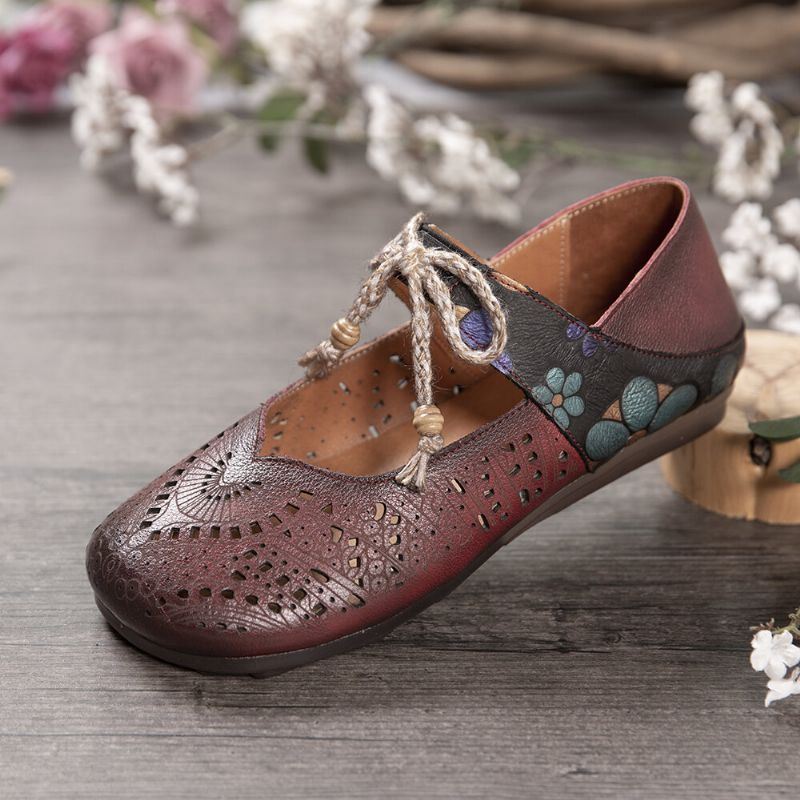 Dames Retro Hollow Floral Soft Sole Knoop Ronde Teen Enkelband Platte Schoenen