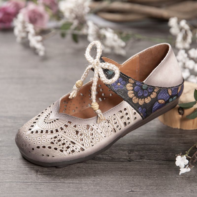 Dames Retro Hollow Floral Soft Sole Knoop Ronde Teen Enkelband Platte Schoenen