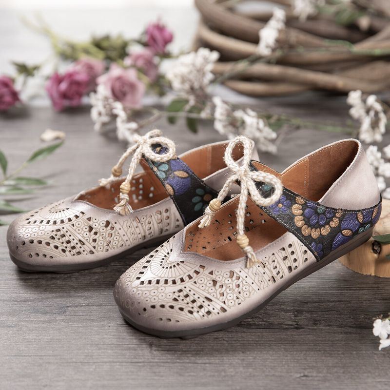 Dames Retro Hollow Floral Soft Sole Knoop Ronde Teen Enkelband Platte Schoenen