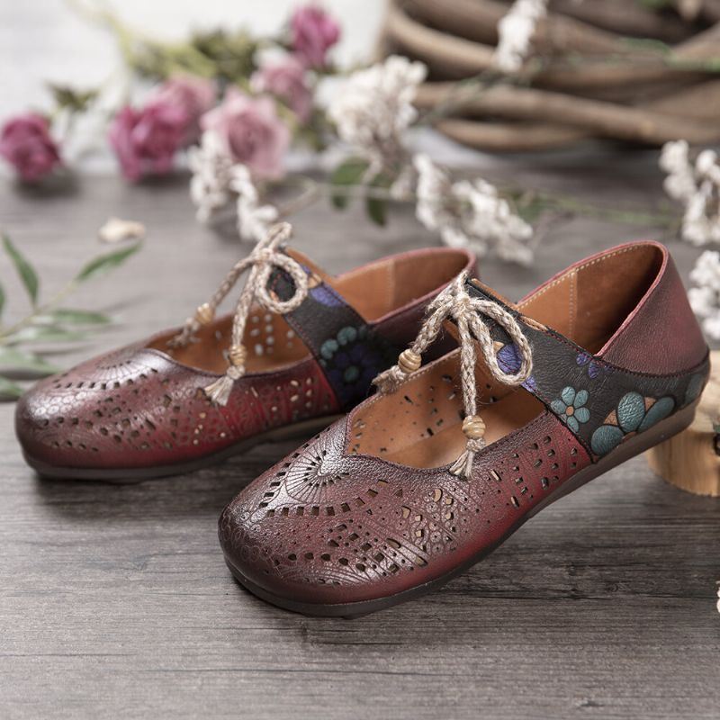 Dames Retro Hollow Floral Soft Sole Knoop Ronde Teen Enkelband Platte Schoenen