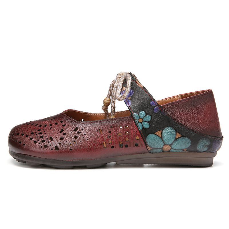 Dames Retro Hollow Floral Soft Sole Knoop Ronde Teen Enkelband Platte Schoenen