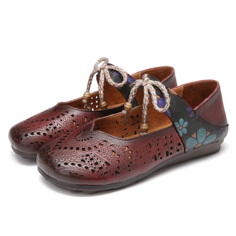 Dames Retro Hollow Floral Soft Sole Knoop Ronde Teen Enkelband Platte Schoenen