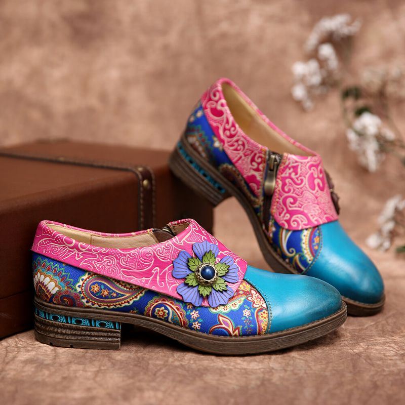 Dames Retro Leren Paisley Splicing Bloemen Reliëf Comfy Echt Lederen Platte Schoenen