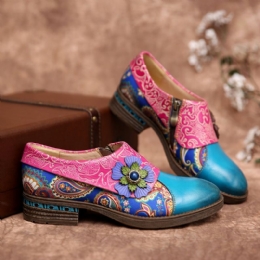 Dames Retro Leren Paisley Splicing Bloemen Reliëf Comfy Echt Lederen Platte Schoenen