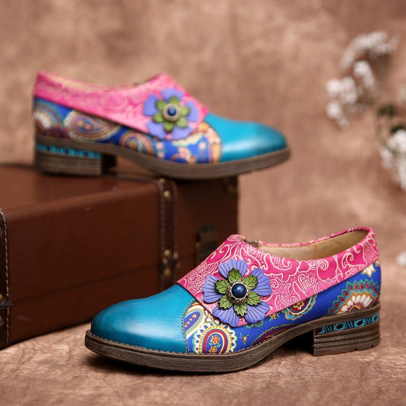 Dames Retro Leren Paisley Splicing Bloemen Reliëf Comfy Echt Lederen Platte Schoenen