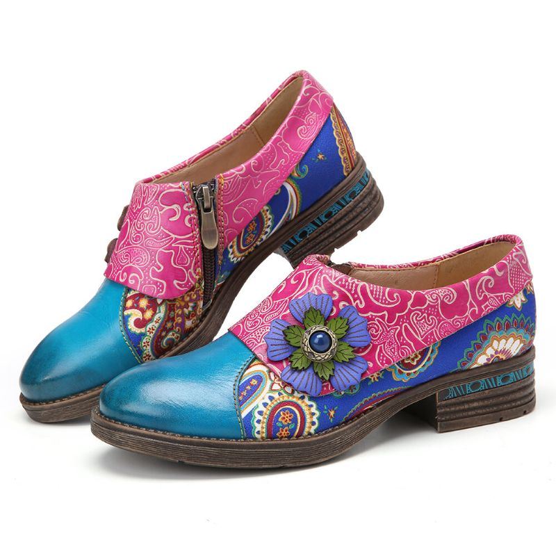 Dames Retro Leren Paisley Splicing Bloemen Reliëf Comfy Echt Lederen Platte Schoenen