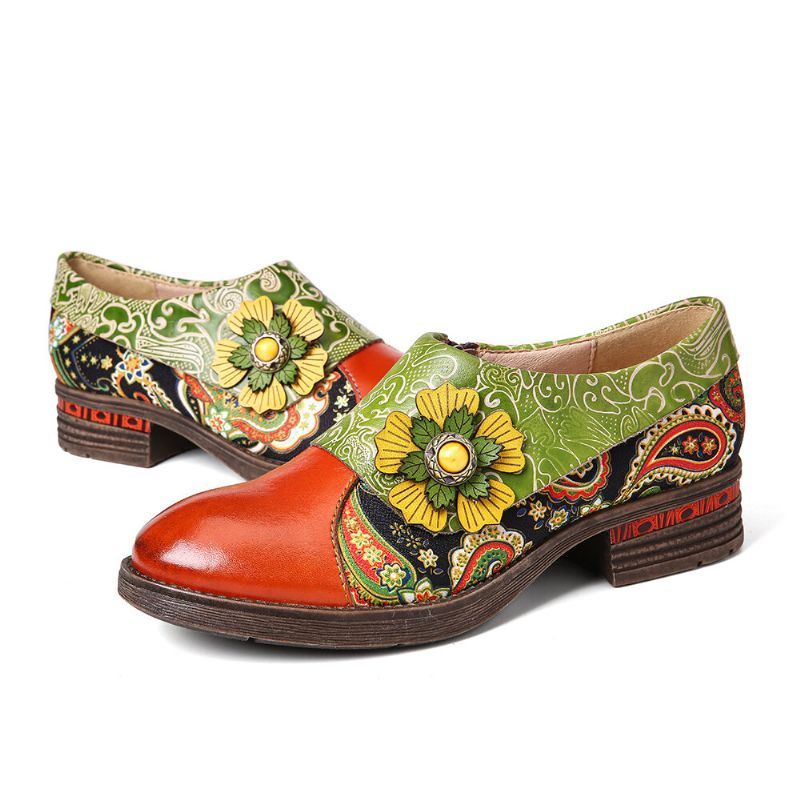 Dames Retro Leren Paisley Splicing Bloemen Reliëf Comfy Echt Lederen Platte Schoenen