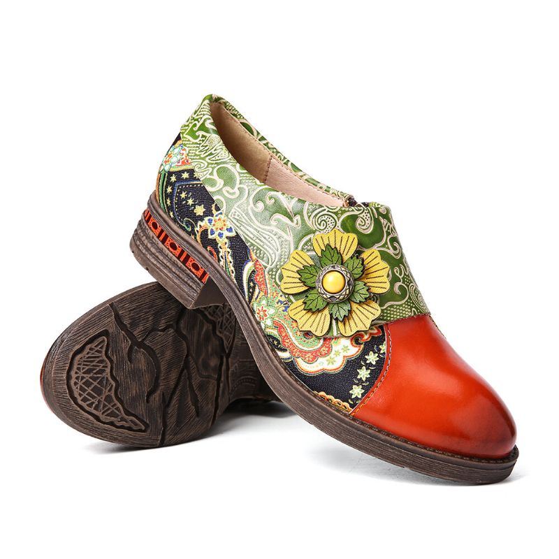 Dames Retro Leren Paisley Splicing Bloemen Reliëf Comfy Echt Lederen Platte Schoenen