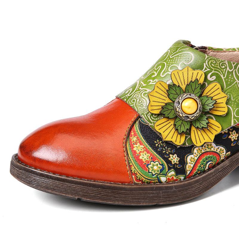 Dames Retro Leren Paisley Splicing Bloemen Reliëf Comfy Echt Lederen Platte Schoenen