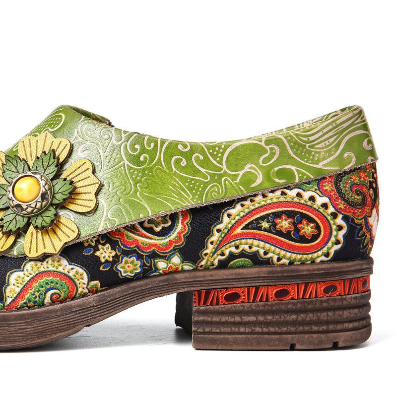 Dames Retro Leren Paisley Splicing Bloemen Reliëf Comfy Echt Lederen Platte Schoenen