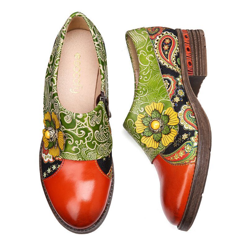 Dames Retro Leren Paisley Splicing Bloemen Reliëf Comfy Echt Lederen Platte Schoenen