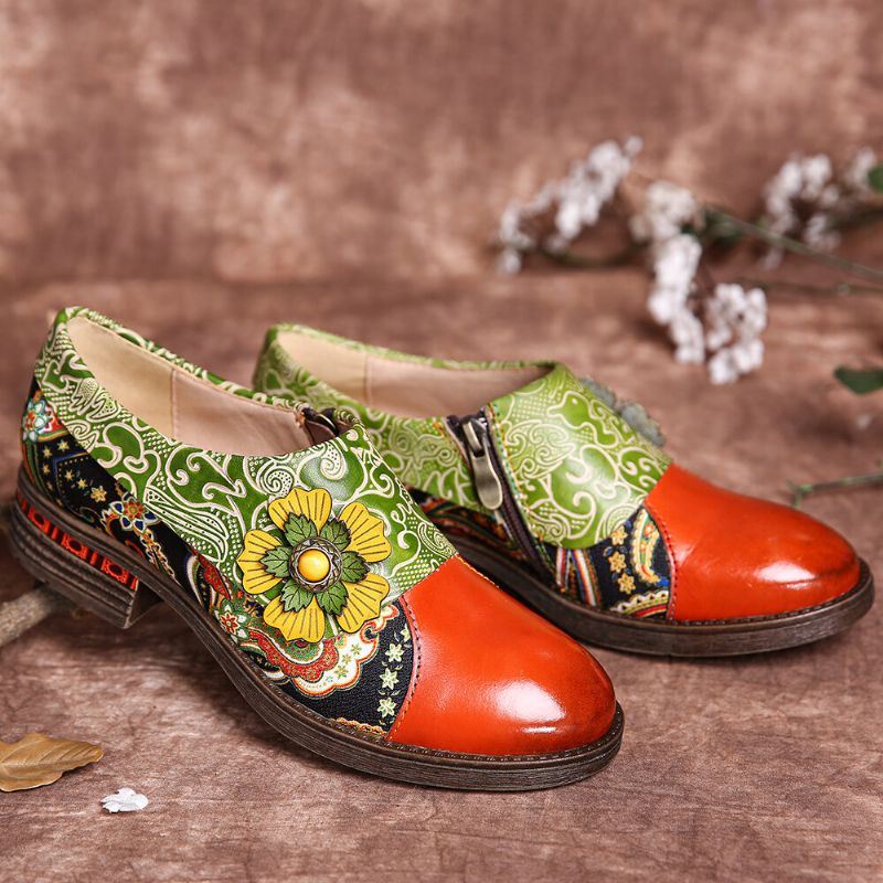 Dames Retro Leren Paisley Splicing Bloemen Reliëf Comfy Echt Lederen Platte Schoenen