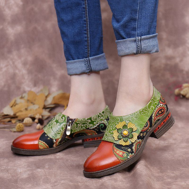 Dames Retro Leren Paisley Splicing Bloemen Reliëf Comfy Echt Lederen Platte Schoenen