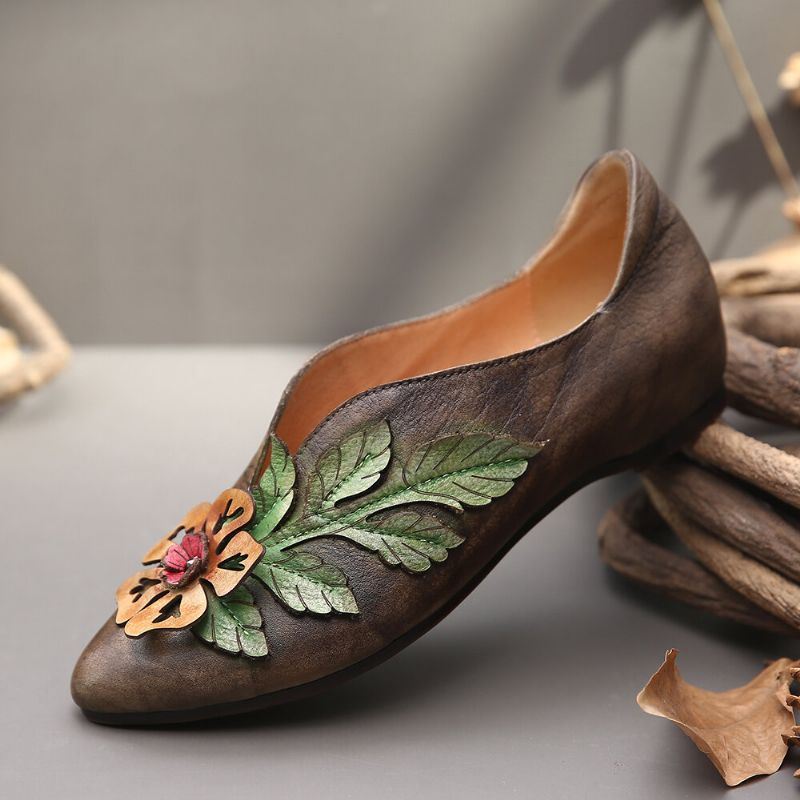 Dames Retro Rainforest Splicing Floral Leaves Elegante Leren Comfortabele Platte Schoenen