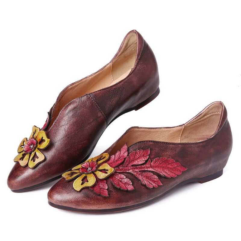 Dames Retro Rainforest Splicing Floral Leaves Elegante Leren Comfortabele Platte Schoenen