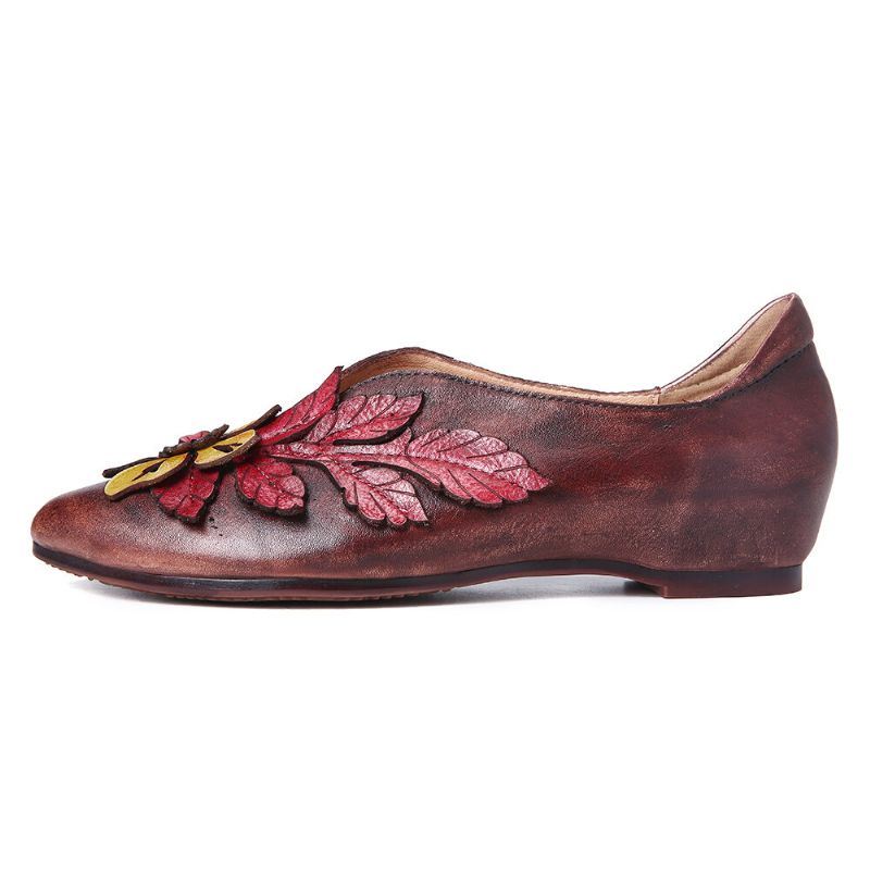 Dames Retro Rainforest Splicing Floral Leaves Elegante Leren Comfortabele Platte Schoenen