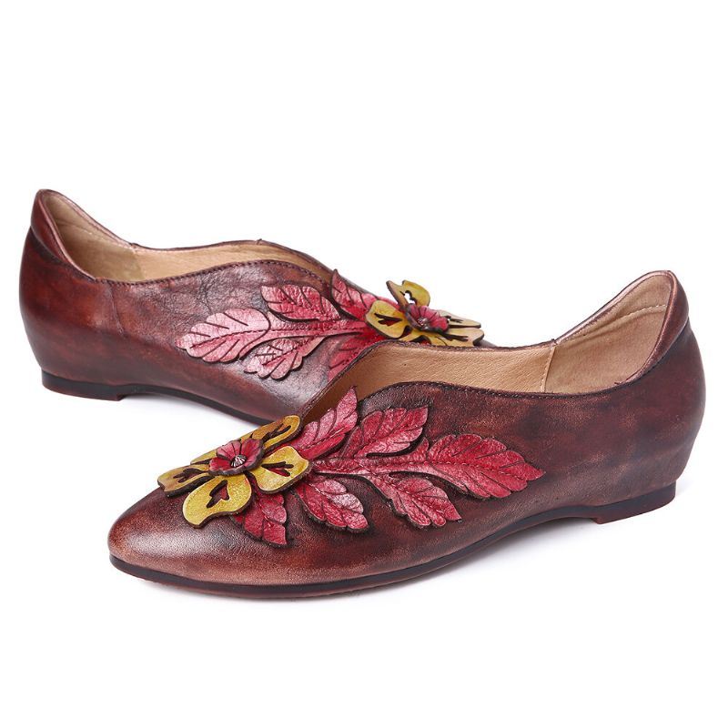 Dames Retro Rainforest Splicing Floral Leaves Elegante Leren Comfortabele Platte Schoenen