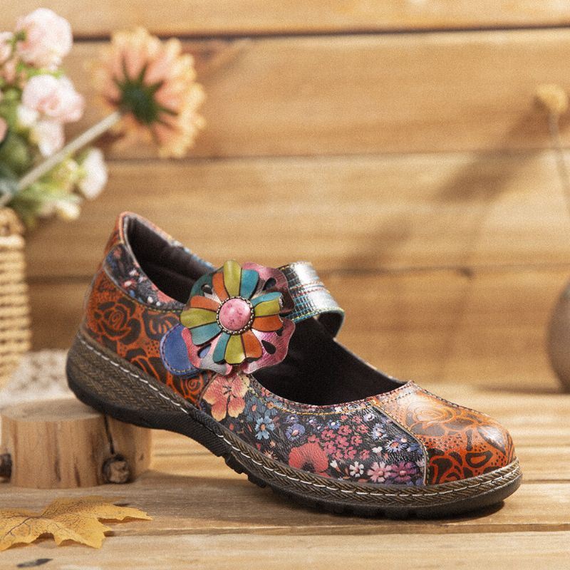 Dames Retro Reliëf Bloem Splicing Bloemen Echt Leer Platte Schoenen