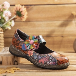 Dames Retro Reliëf Bloem Splicing Bloemen Echt Leer Platte Schoenen