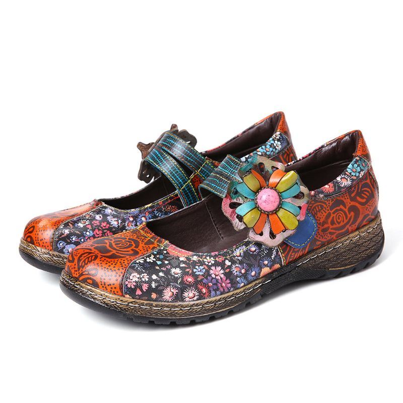 Dames Retro Reliëf Bloem Splicing Bloemen Echt Leer Platte Schoenen