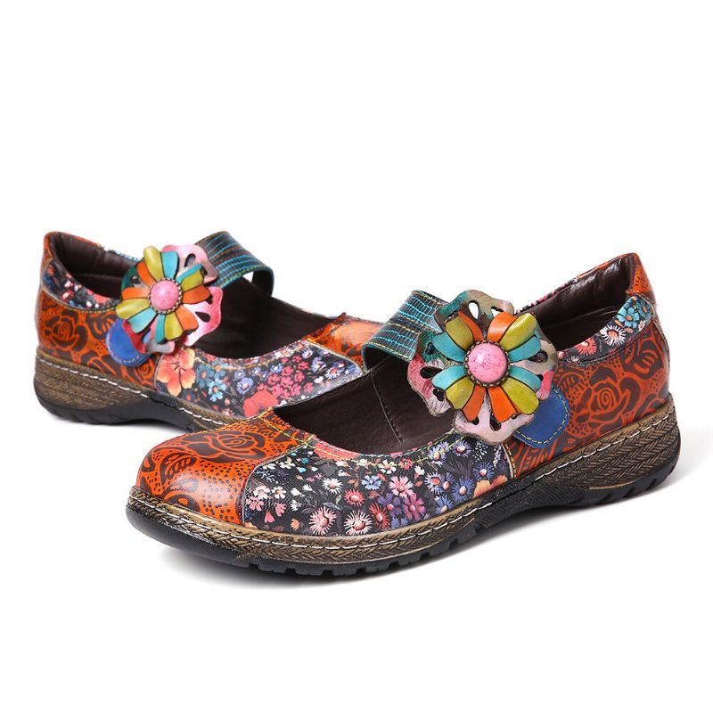 Dames Retro Reliëf Bloem Splicing Bloemen Echt Leer Platte Schoenen