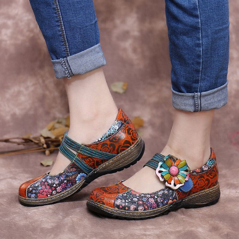 Dames Retro Reliëf Bloem Splicing Bloemen Echt Leer Platte Schoenen