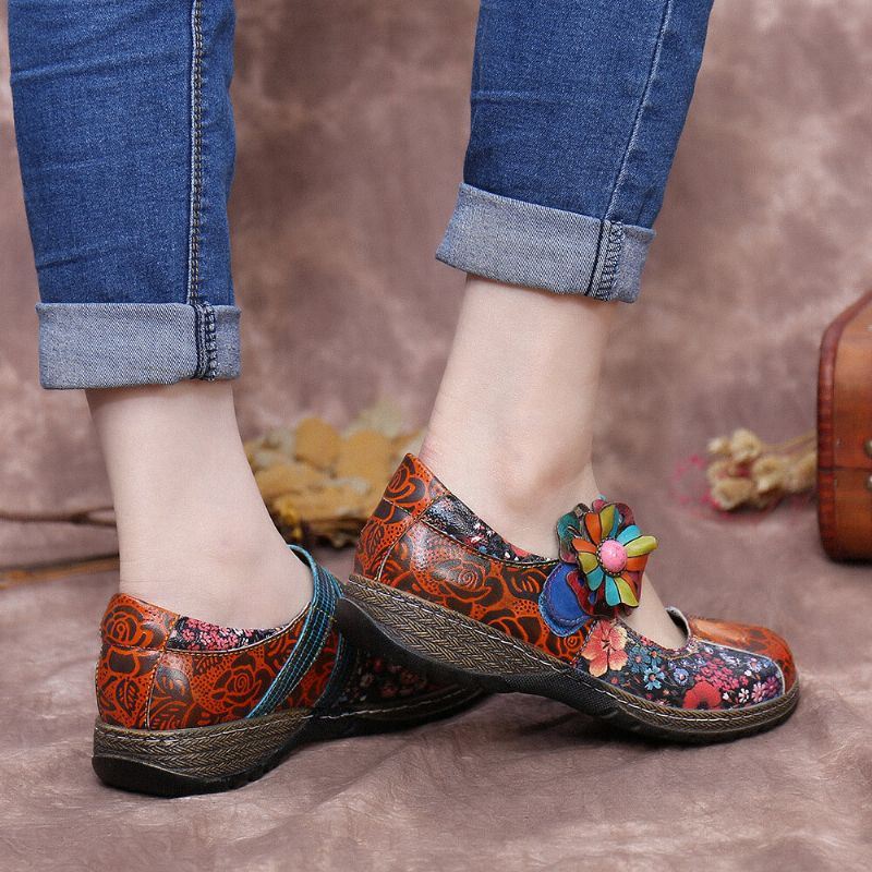 Dames Retro Reliëf Bloem Splicing Bloemen Echt Leer Platte Schoenen