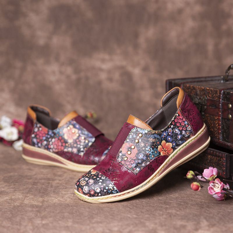 Dames Retro Splicing Kleine Bloemen Echte Lederen Platte Rits Schoenen