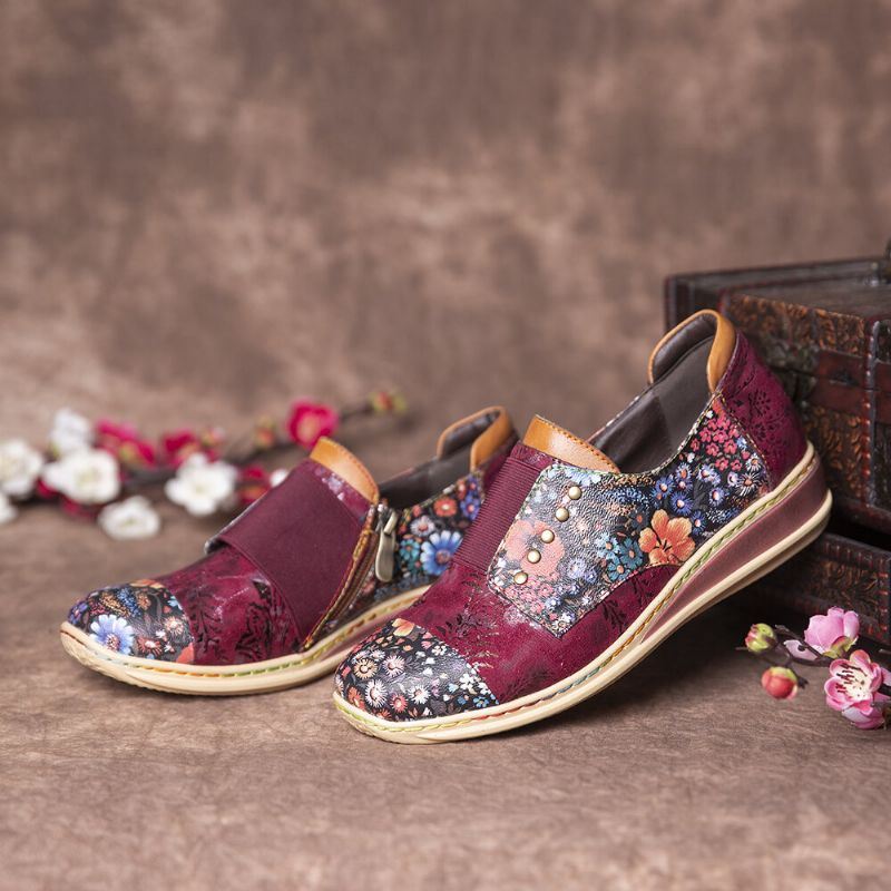 Dames Retro Splicing Kleine Bloemen Echte Lederen Platte Rits Schoenen