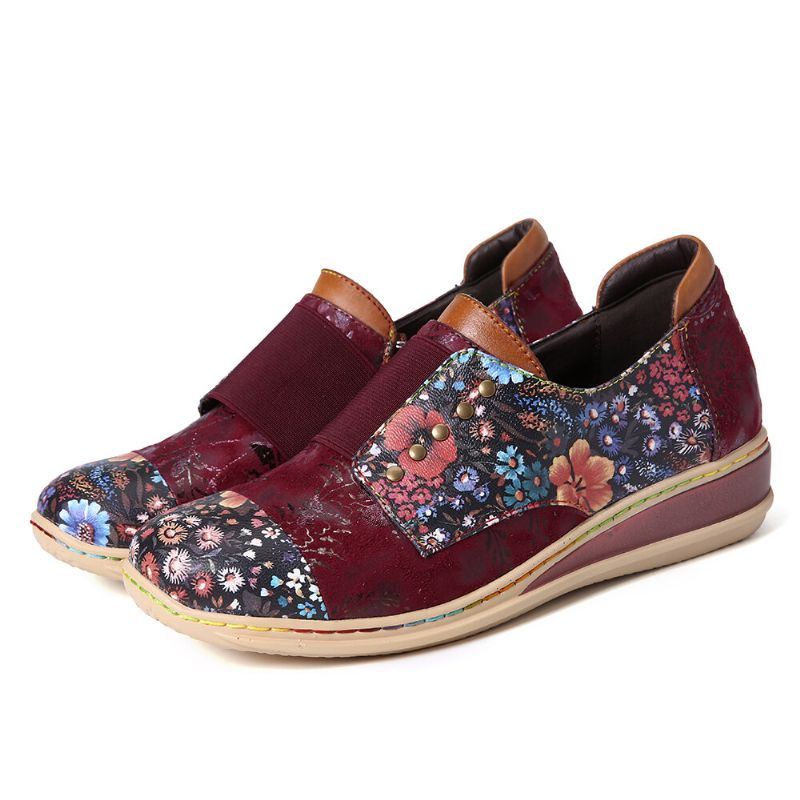 Dames Retro Splicing Kleine Bloemen Echte Lederen Platte Rits Schoenen