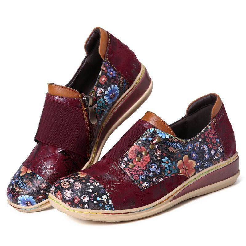 Dames Retro Splicing Kleine Bloemen Echte Lederen Platte Rits Schoenen