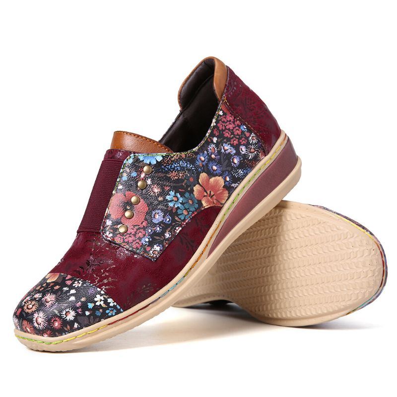 Dames Retro Splicing Kleine Bloemen Echte Lederen Platte Rits Schoenen