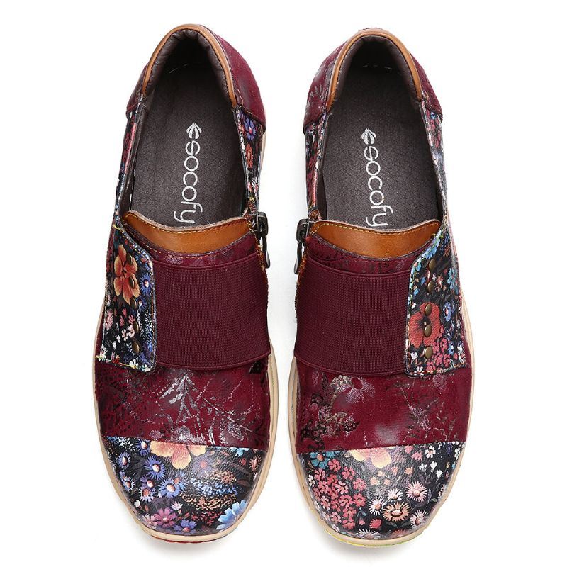 Dames Retro Splicing Kleine Bloemen Echte Lederen Platte Rits Schoenen