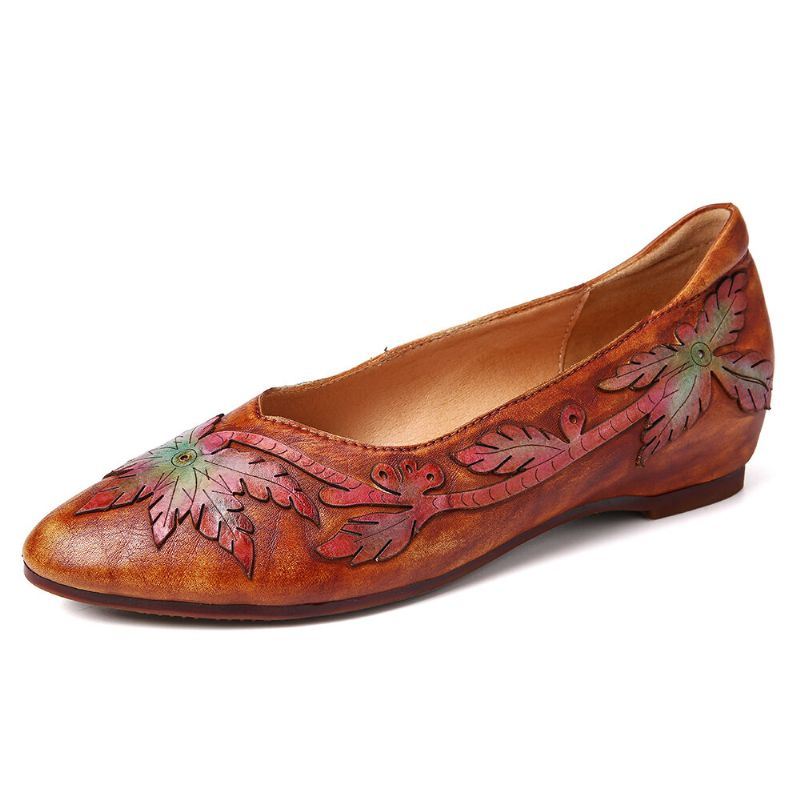 Dames Retro Splicing Vine Comfy Echt Leer Puntschoen Slip On Platte Schoenen