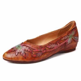 Dames Retro Splicing Vine Comfy Echt Leer Puntschoen Slip On Platte Schoenen